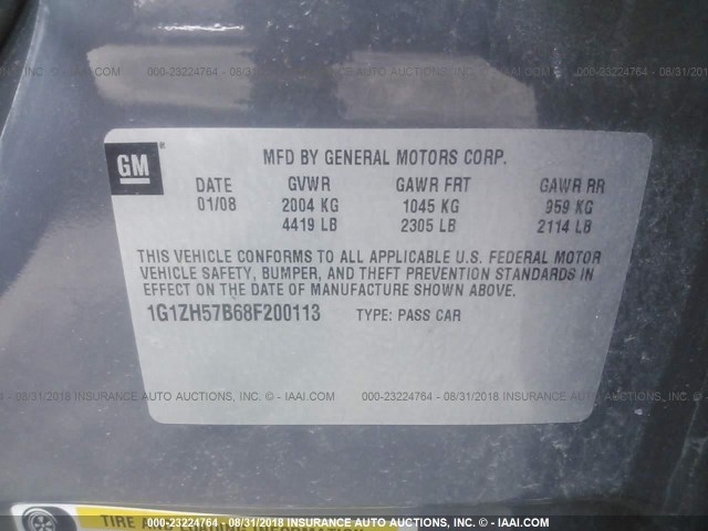 1G1ZH57B68F200113 - 2008 CHEVROLET MALIBU 1LT ნაცრისფერი ფოტო 9