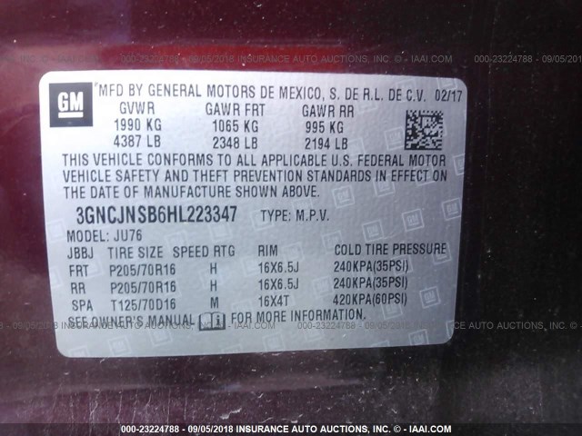 3GNCJNSB6HL223347 - 2017 CHEVROLET TRAX LS RED photo 9