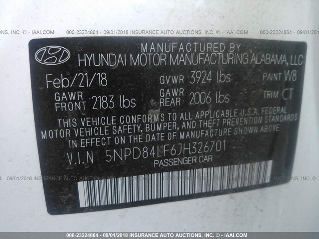 5NPD84LF6JH326701 - 2018 HYUNDAI ELANTRA SEL/VALUE/LIMITED WHITE photo 9