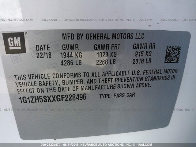 1G1ZH5SXXGF228496 - 2016 CHEVROLET MALIBU PREMIER 白色 照片 9