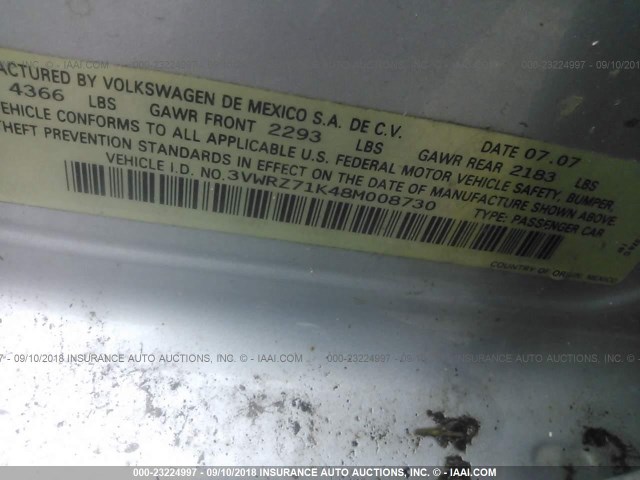 3VWRZ71K48M008730 - 2008 VOLKSWAGEN JETTA SE/SEL SILVER photo 9