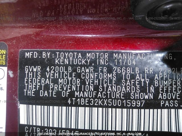 4T1BE32KX5U015997 - 2005 TOYOTA CAMRY LE/XLE/SE Қызыл фото 9