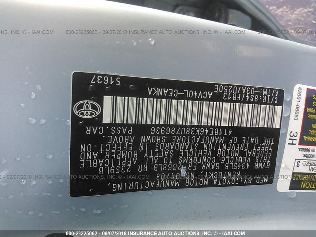 4T1BE46K38U786936 - 2008 TOYOTA CAMRY CE/LE/XLE/SE BLUE photo 9