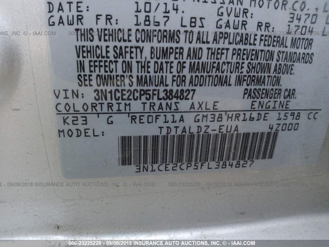 3N1CE2CP5FL384827 - 2015 NISSAN VERSA NOTE S/S PLUS/SV/SL/SR SILVER photo 9