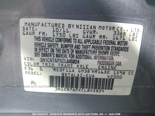 3N1CN7APXCL845824 - 2012 NISSAN VERSA S/SV/SL GRAY photo 9