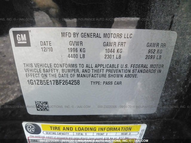 1G1ZB5E17BF264258 - 2011 CHEVROLET MALIBU LS Qara foto 9