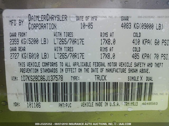 1D7KS28C86J137578 - 2006 DODGE RAM 2500 ST/SLT 金色 照片 9