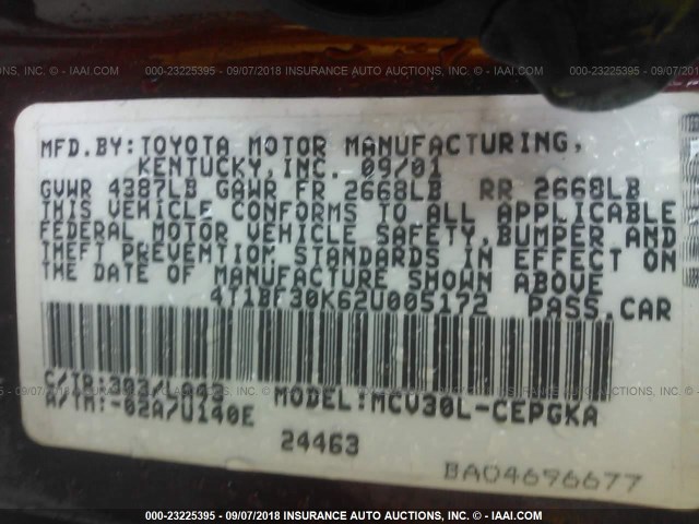 4T1BF30K62U005172 - 2002 TOYOTA CAMRY LE/XLE/SE Марун фото 9