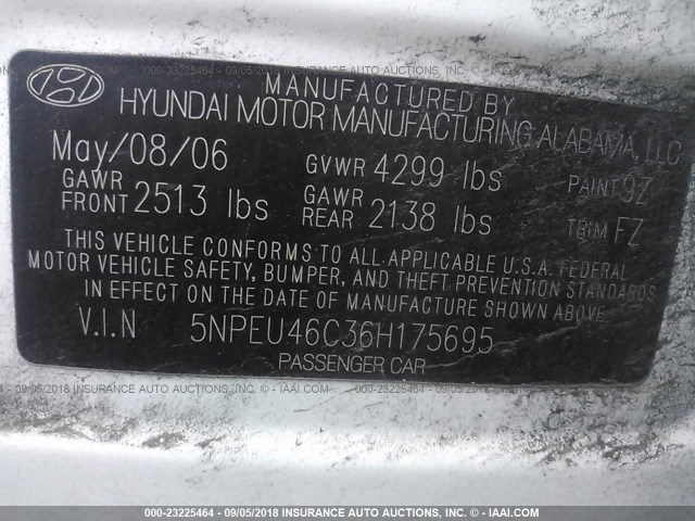 5NPEU46C36H175695 - 2006 HYUNDAI SONATA GLS/LX WHITE photo 9