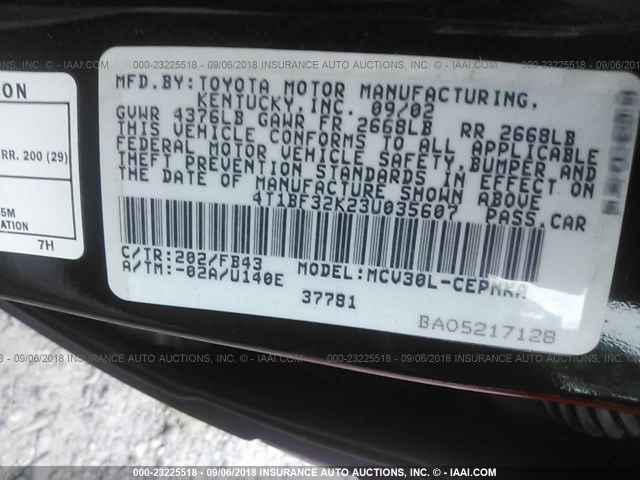 4T1BF32K23U035607 - 2003 TOYOTA CAMRY LE/XLE/SE RED photo 9