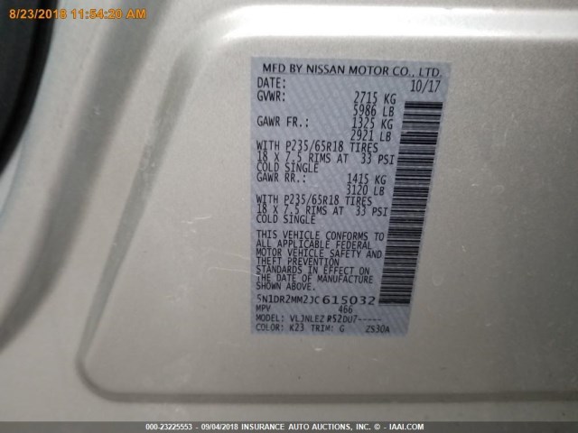 5N1DR2MM2JC615032 - 2018 NISSAN PATHFINDER S/SV/SL/PLATINUM SILVER photo 13