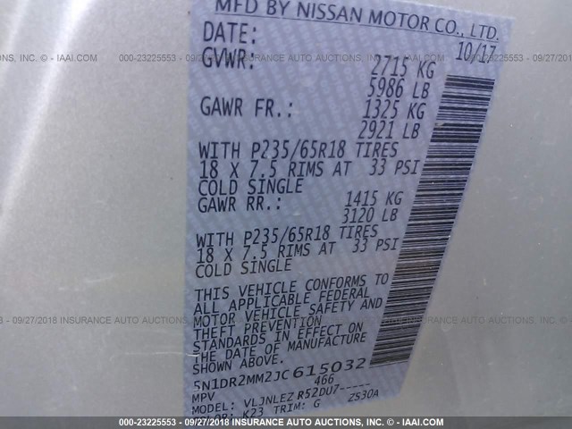 5N1DR2MM2JC615032 - 2018 NISSAN PATHFINDER S/SV/SL/PLATINUM SILVER photo 9