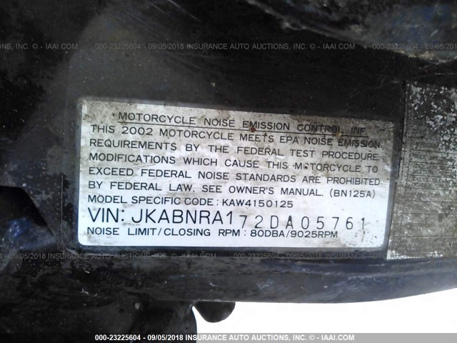 JKABNRA172DA05761 - 2002 KAWASAKI BN125 A BLACK photo 10