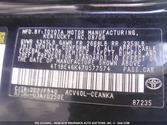 4T1BE46K47U577574 - 2007 TOYOTA CAMRY NEW GENERAT CE/LE/XLE/SE BLACK photo 9