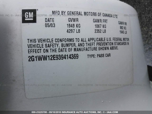 2G1WW12E939414369 - 2003 CHEVROLET MONTE CARLO LS WHITE photo 9