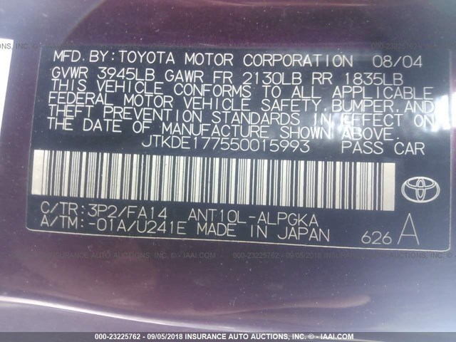 JTKDE177550015993 - 2005 TOYOTA SCION TC 勃艮第红 照片 9