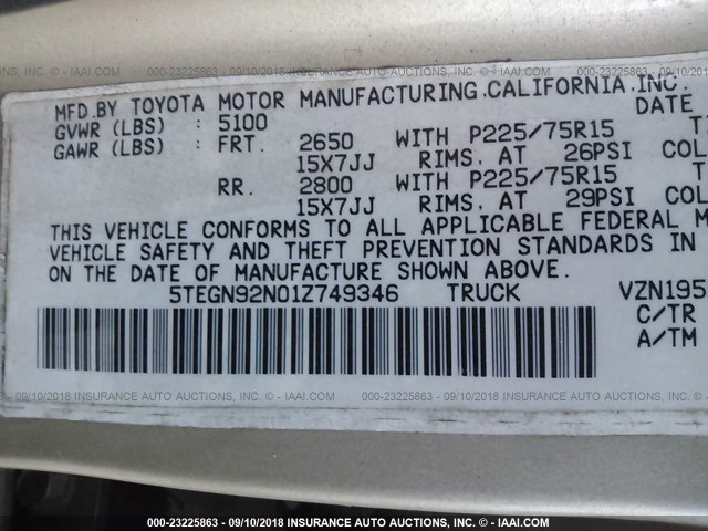 5TEGN92N01Z749346 - 2001 TOYOTA TACOMA DOUBLE CAB PRERUNNER GOLD photo 9