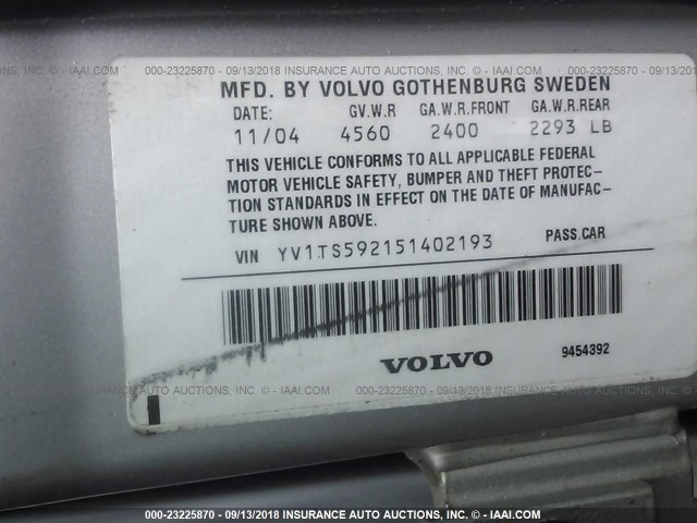 YV1TS592151402193 - 2005 VOLVO S80 2.5T SILVER photo 9