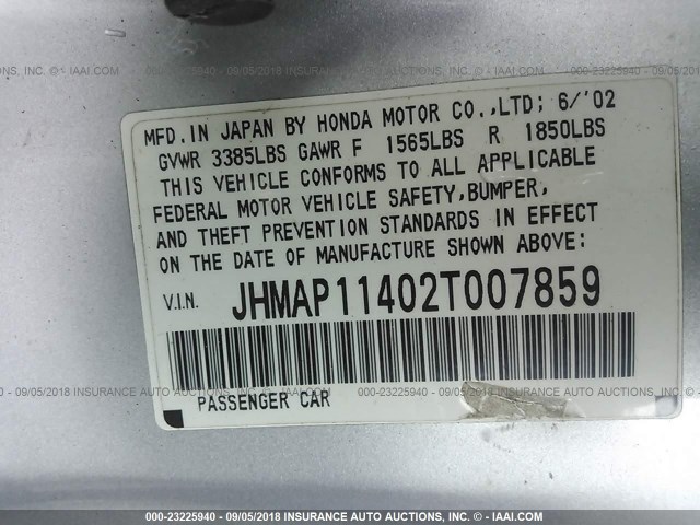 JHMAP11402T007859 - 2002 HONDA S2000 SILVER photo 9