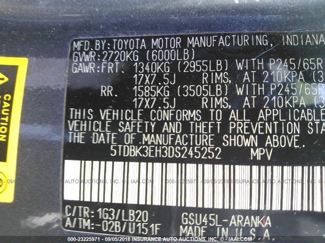 5TDBK3EH3DS245252 - 2013 TOYOTA HIGHLANDER PLUS/SE GRAY photo 9