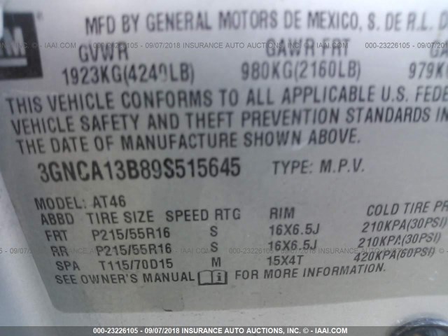 3GNCA13B89S515645 - 2009 CHEVROLET HHR LS Gris foto 9