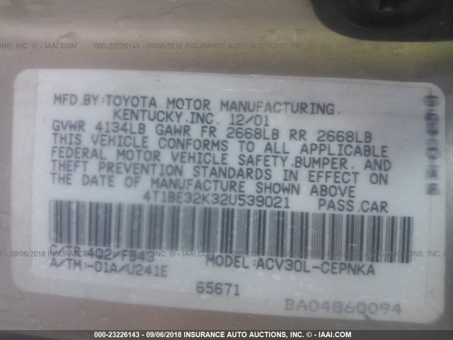 4T1BE32K32U539021 - 2002 TOYOTA CAMRY LE/XLE/SE GOLD photo 9