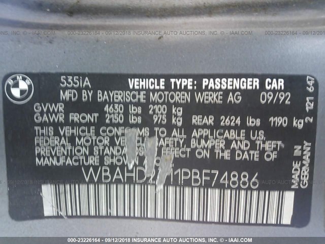 WBAHD2311PBF74886 - 1993 BMW 535 I AUTOMATIC GRAY photo 9