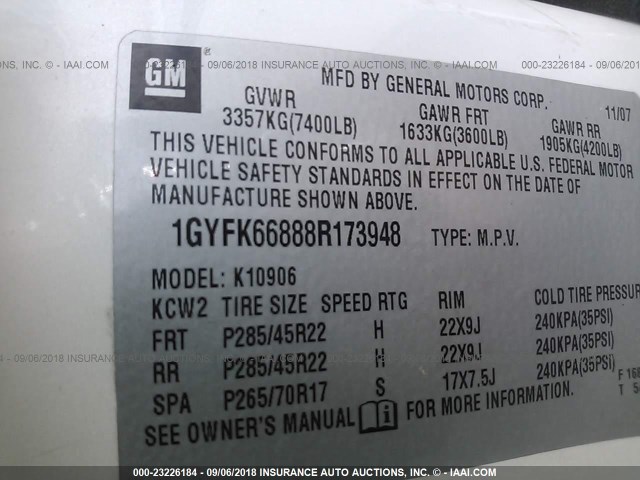 1GYFK66888R173948 - 2008 CADILLAC ESCALADE ESV WHITE photo 9