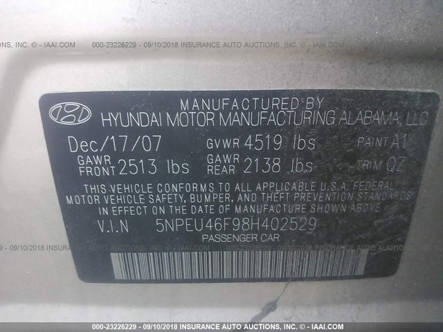 5NPEU46F98H402529 - 2008 HYUNDAI SONATA SE/LIMITED GOLD photo 9