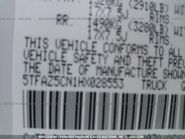 5TFAZ5CN1HX028553 - 2017 TOYOTA TACOMA DBL CAB/SR5/TRD SPORT/OR WHITE photo 9