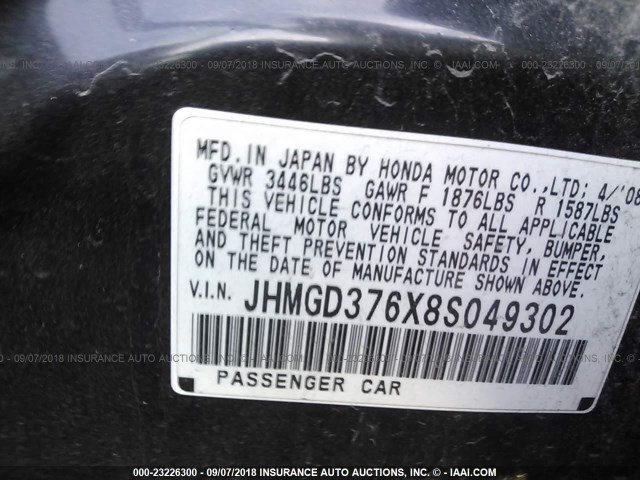 JHMGD376X8S049302 - 2008 HONDA FIT SPORT BLACK photo 9