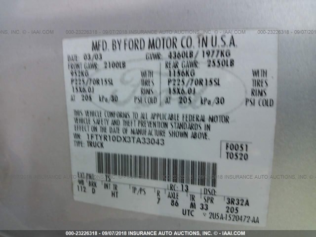 1FTYR10DX3TA33043 - 2003 FORD RANGER SILVER photo 9