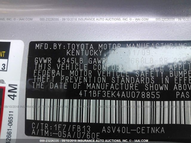 4T1BF3EK4AU078855 - 2010 TOYOTA CAMRY SE/LE/XLE SILVER photo 9