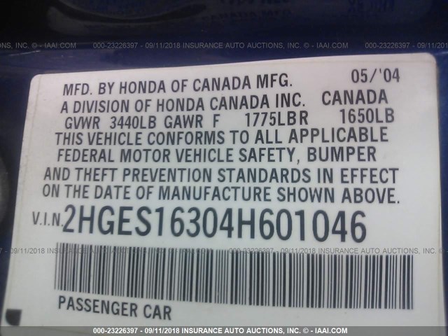 2HGES16304H601046 - 2004 HONDA CIVIC DX VP ლურჯი ფოტო 9