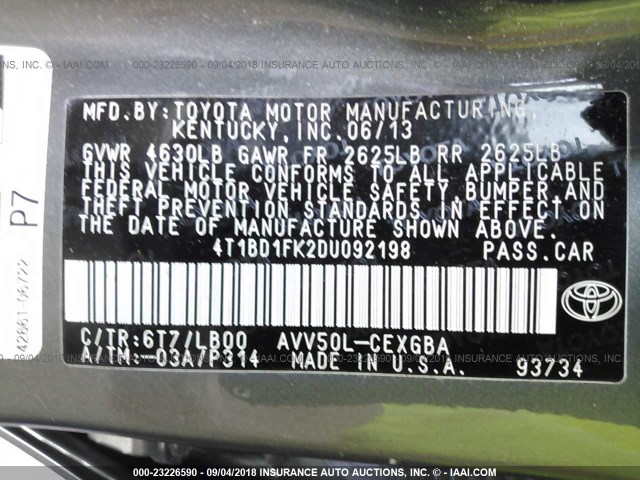 4T1BD1FK2DU092198 - 2013 TOYOTA CAMRY HYBRID/LE/XLE 灰色 照片 9