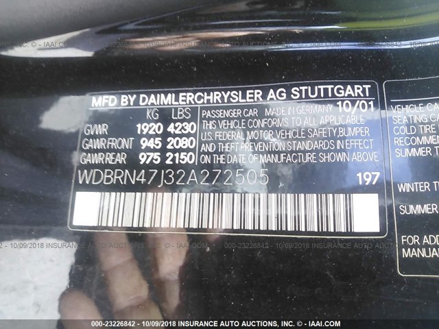 WDBRN47J32A272505 - 2002 MERCEDES-BENZ C 230K SPORT COUPE BLACK photo 9