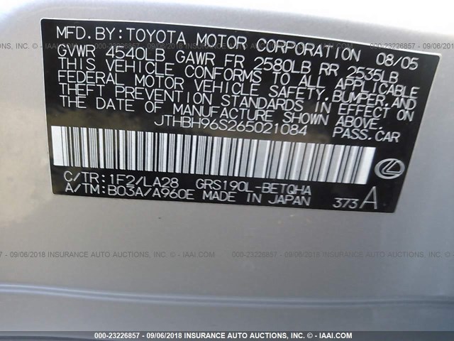 JTHBH96S265021084 - 2006 LEXUS GS GENERATION 2006 300 SILVER photo 9