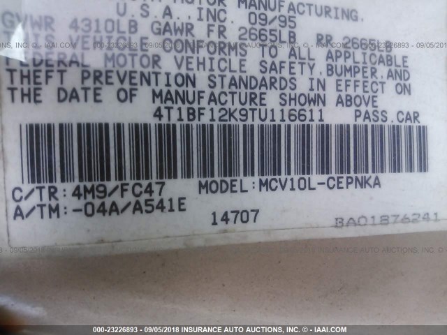 4T1BF12K9TU116611 - 1996 TOYOTA CAMRY LE/XLE/SE Gümüş foto 9