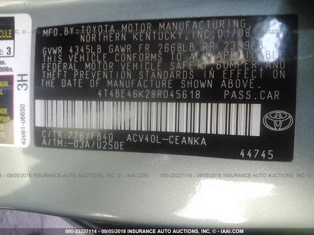 4T4BE46K28R045618 - 2008 TOYOTA CAMRY CE/LE/XLE/SE GREEN photo 9