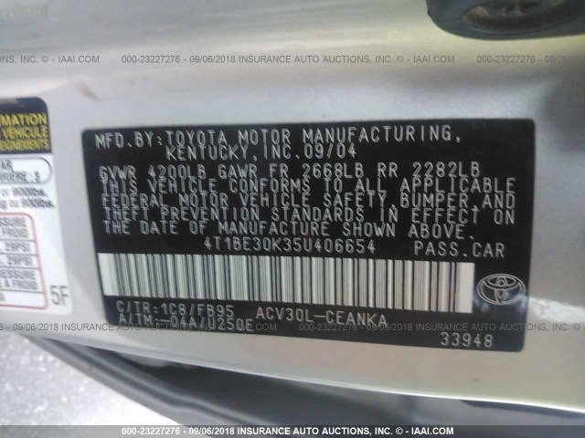 4T1BE30K35U406654 - 2005 TOYOTA CAMRY LE/XLE/SE 银色 照片 9