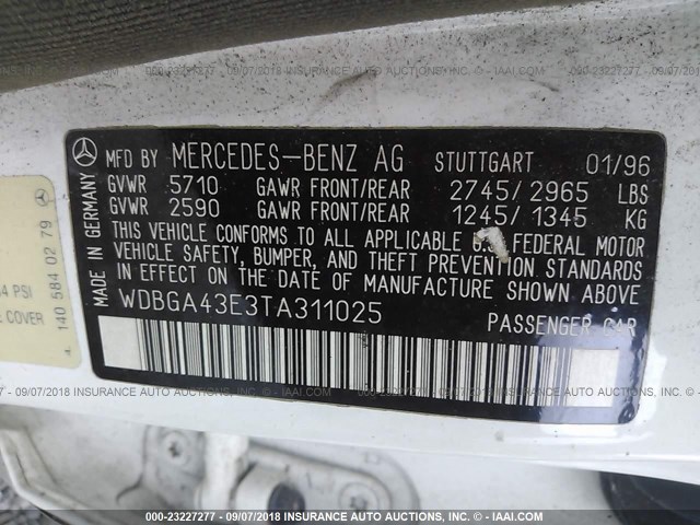 WDBGA43E3TA311025 - 1996 MERCEDES-BENZ S 420 WHITE photo 9