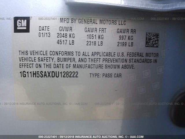 1G11H5SAXDU128222 - 2013 CHEVROLET MALIBU LTZ 浅蓝色 照片 9