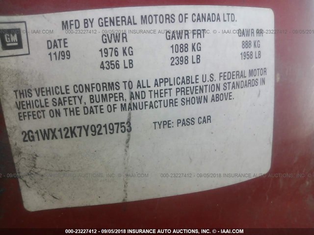 2G1WX12K7Y9219753 - 2000 CHEVROLET MONTE CARLO SS RED photo 9