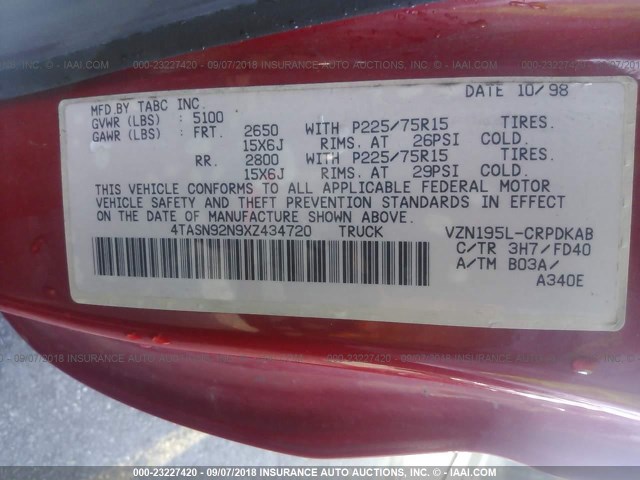 4TASN92N9XZ434720 - 1999 TOYOTA TACOMA XTRACAB PRERUNNER წითელი ფოტო 9