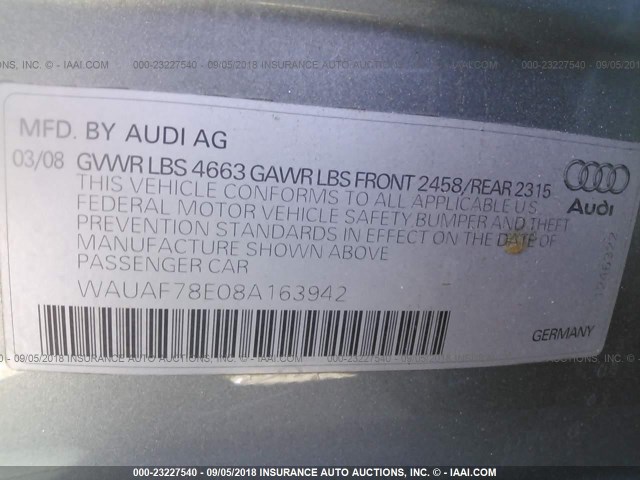 WAUAF78E08A163942 - 2008 AUDI A4 2.0T GRAY photo 9