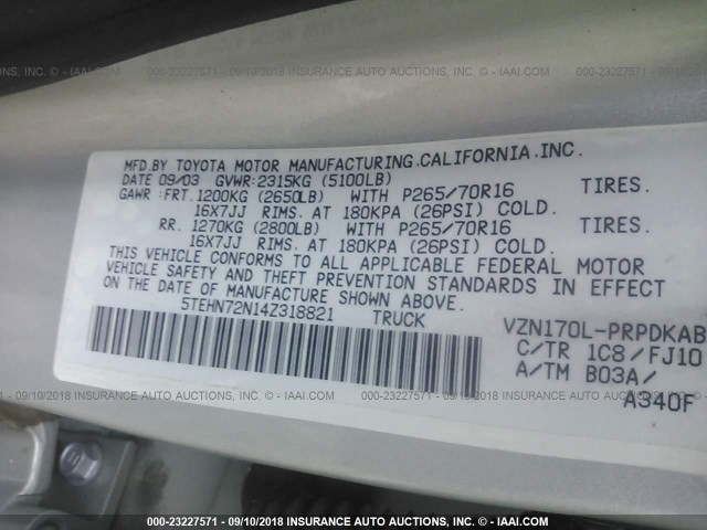 5TEHN72N14Z318821 - 2004 TOYOTA TACOMA DOUBLE CAB 银色 照片 9