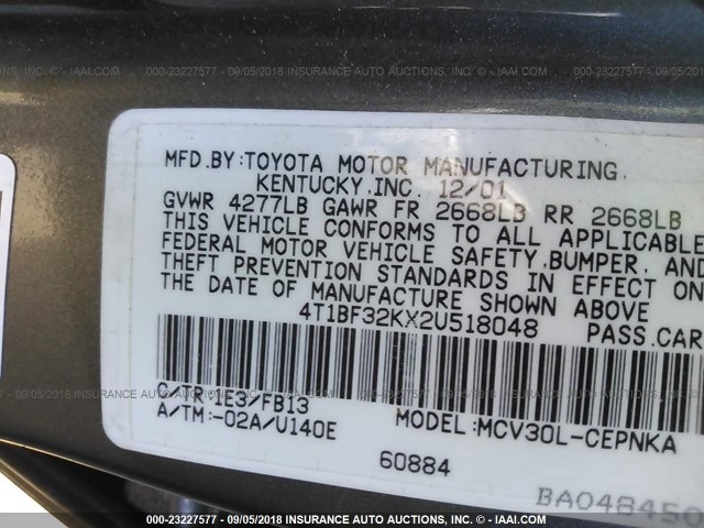 4T1BF32KX24518048 - 2002 TOYOTA CAMRY LE/XLE/SE Сұр фото 9