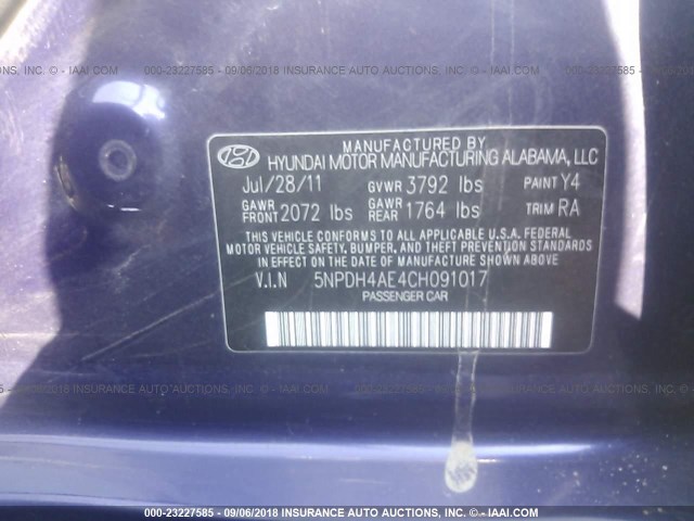 5NPDH4AE4CH091017 - 2012 HYUNDAI ELANTRA GLS/LIMITED BLUE photo 9