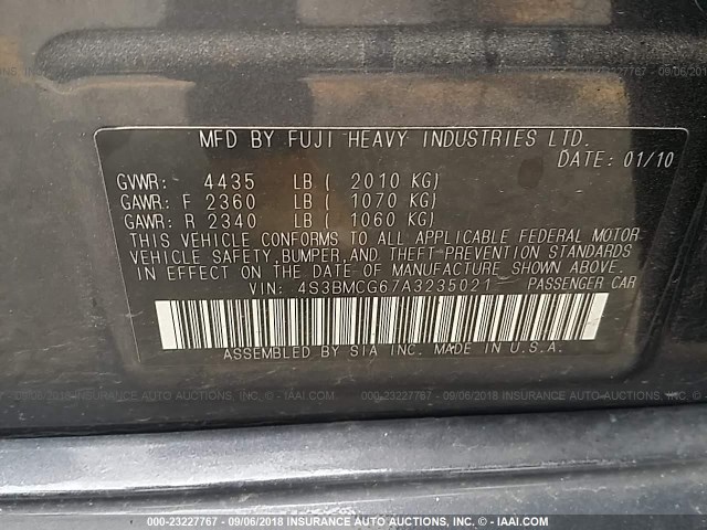 4S3BMCG67A3235021 - 2010 SUBARU LEGACY 2.5I PREMIUM GRAY photo 9