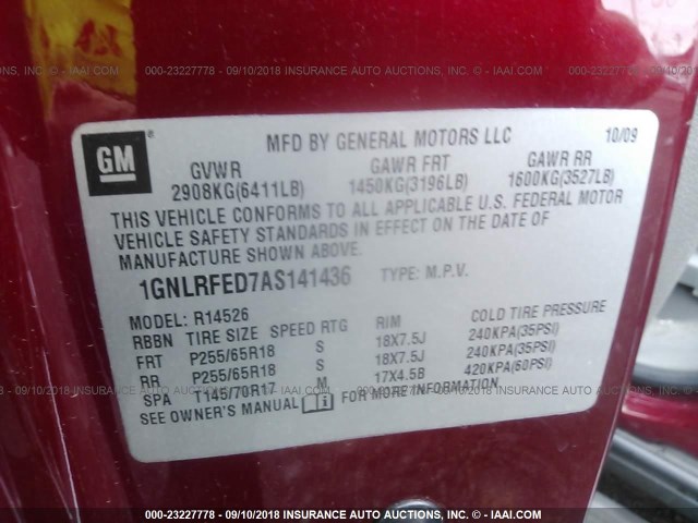 1GNLRFED7AS141436 - 2010 CHEVROLET TRAVERSE LT RED photo 9